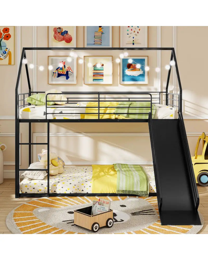 House-shaped Metal Twin Over Twin Low Bunk Bed-Black - Black - Bunk Bed Frame