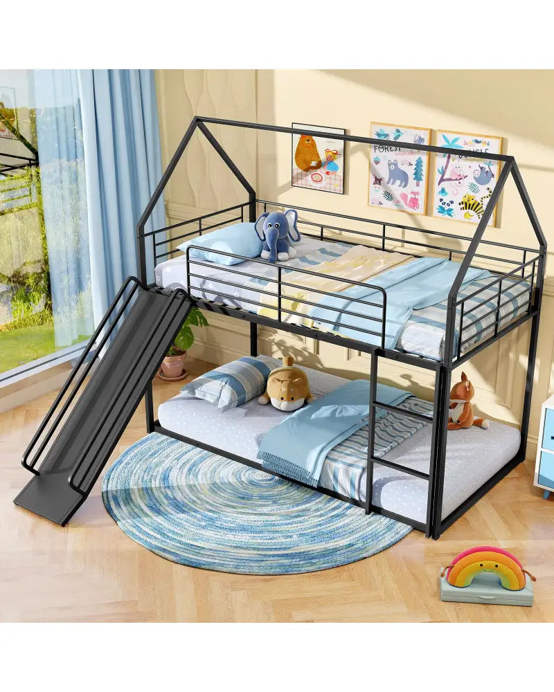 House-shaped Metal Twin Over Twin Low Bunk Bed-Black - Black - Bunk Bed Frame