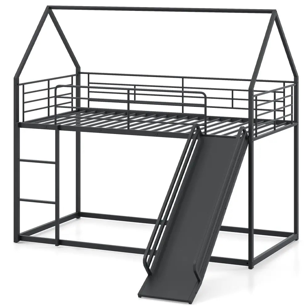 House-shaped Metal Twin Over Twin Low Bunk Bed-Black - Black - Bunk Bed Frame