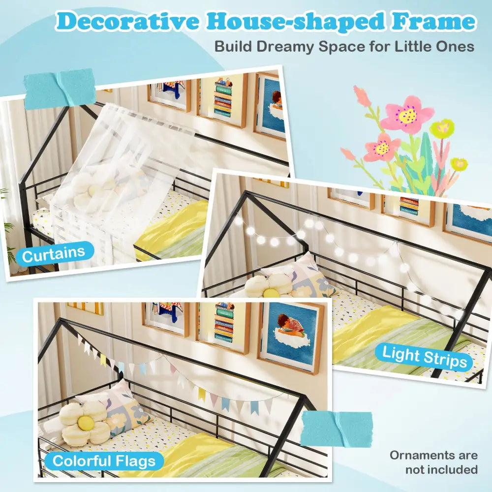 House-shaped Metal Twin Over Twin Low Bunk Bed-Black - Black - Bunk Bed Frame
