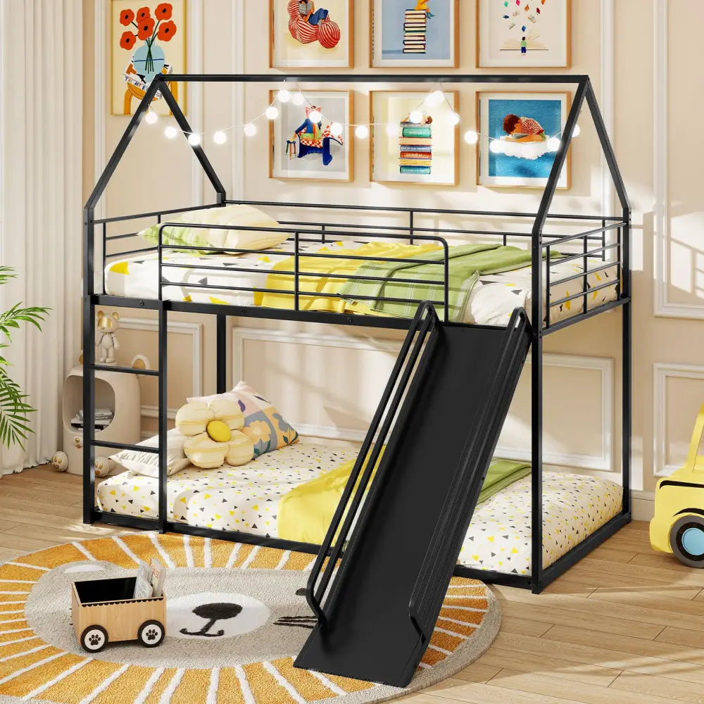 House-shaped Metal Twin Over Twin Low Bunk Bed-Black - Black - Bunk Bed Frame