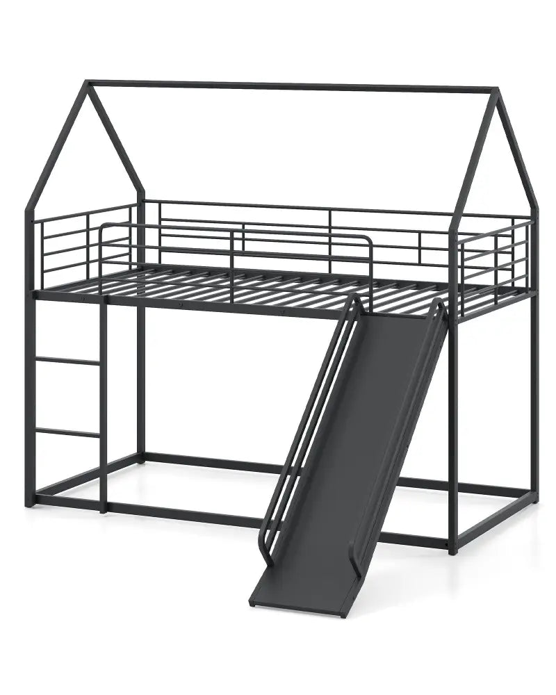 House-shaped Metal Twin Over Twin Low Bunk Bed-Black - Black - Bunk Bed Frame