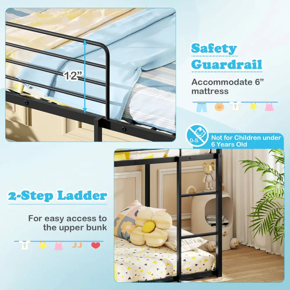 House-shaped Metal Twin Over Twin Low Bunk Bed-Black - Black - Bunk Bed Frame