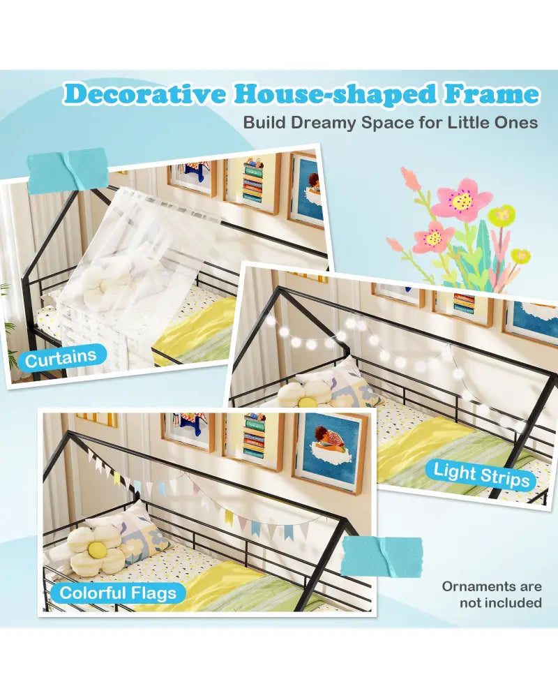 House-shaped Metal Twin Over Twin Low Bunk Bed-Black - Black - Bunk Bed Frame