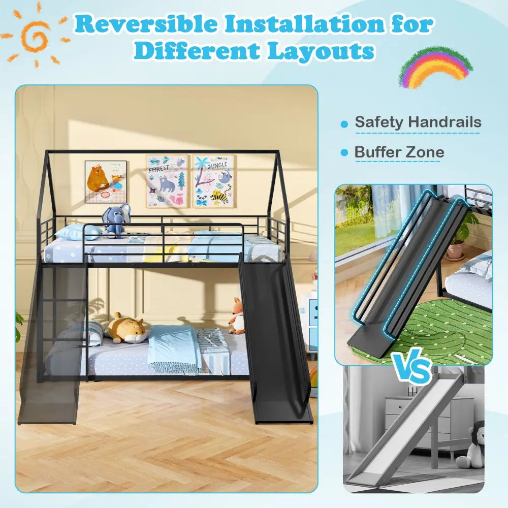 House-shaped Metal Twin Over Twin Low Bunk Bed-Black - Black - Bunk Bed Frame