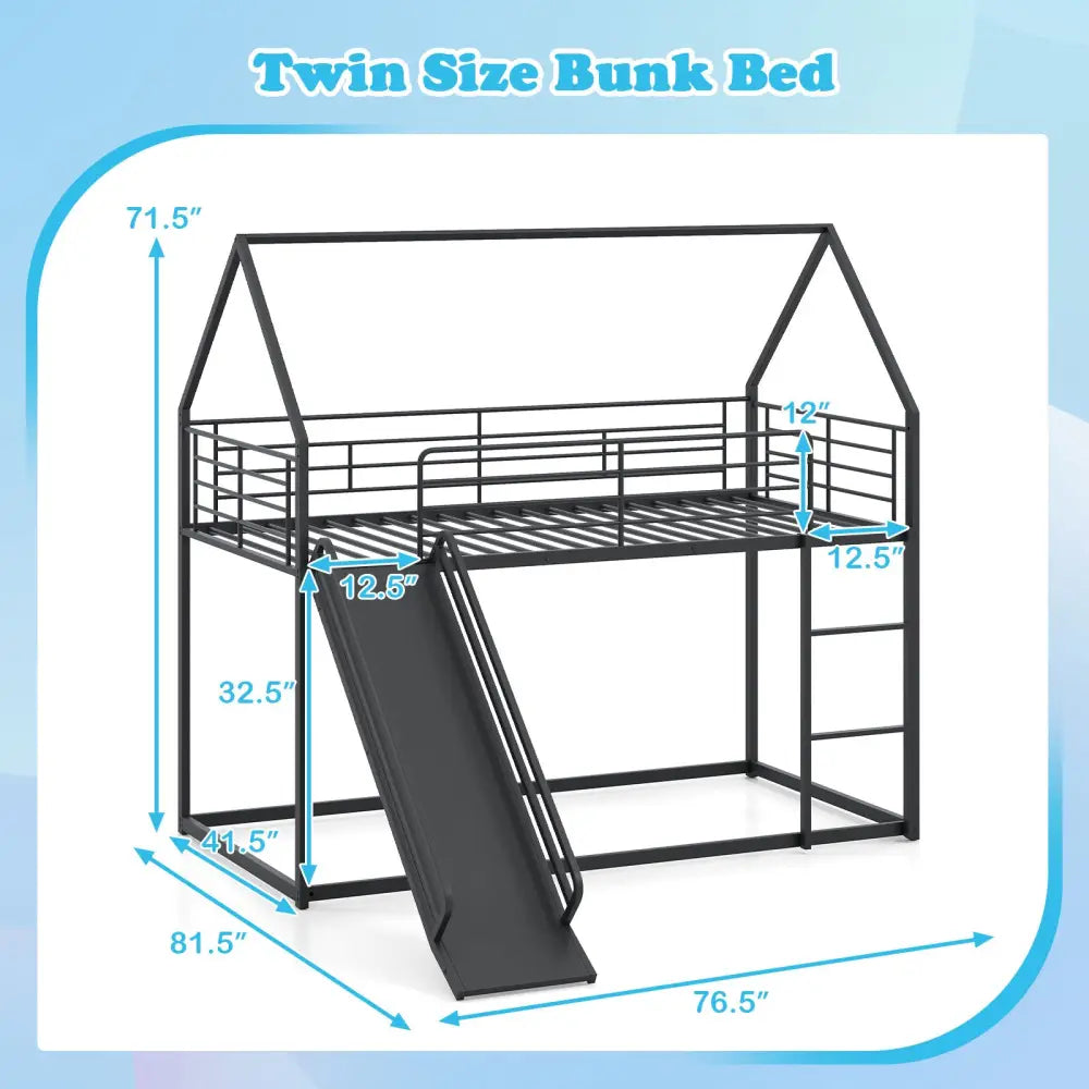 House-shaped Metal Twin Over Twin Low Bunk Bed-Black - Black - Bunk Bed Frame