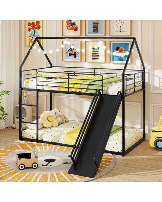 House-shaped Metal Twin Over Twin Low Bunk Bed-Black - Black - Bunk Bed Frame