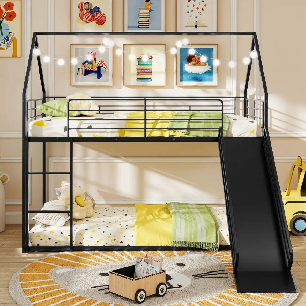 House-shaped Metal Twin Over Twin Low Bunk Bed-Black - Black - Bunk Bed Frame
