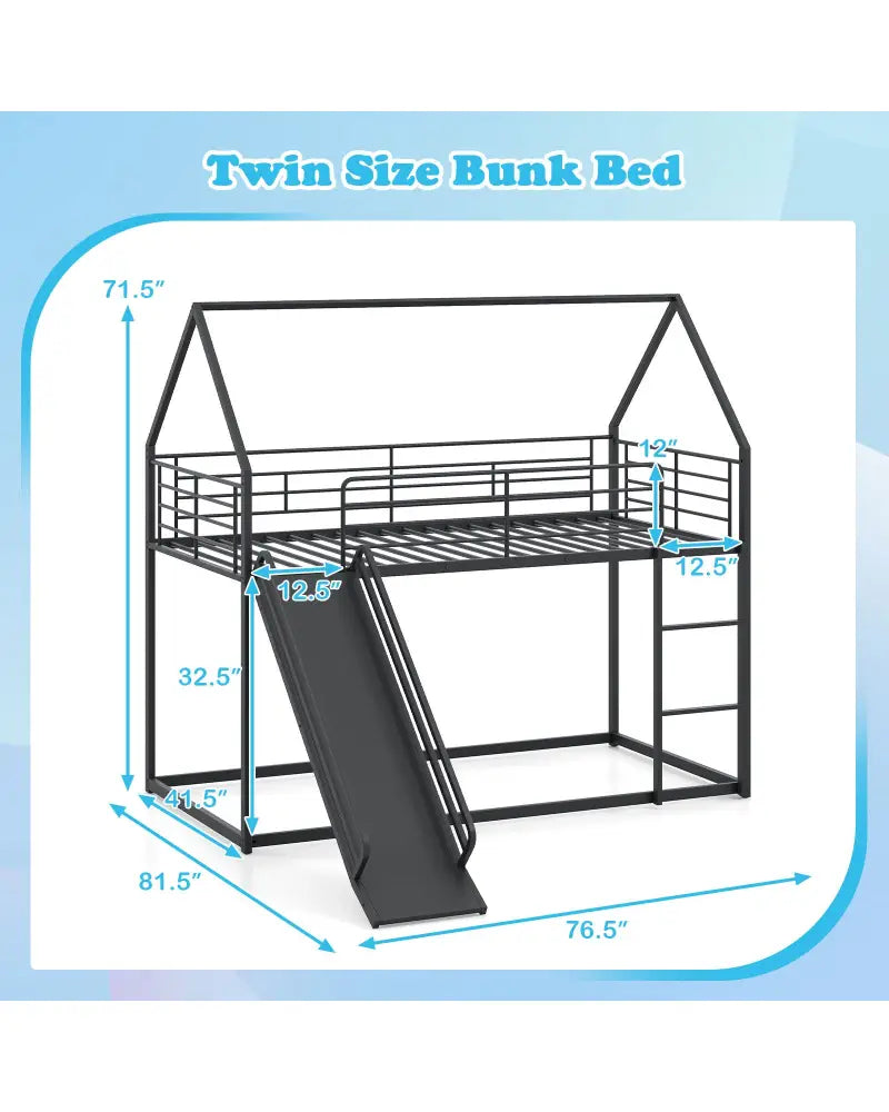 House-shaped Metal Twin Over Twin Low Bunk Bed-Black - Black - Bunk Bed Frame