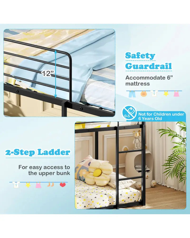 House-shaped Metal Twin Over Twin Low Bunk Bed-Black - Black - Bunk Bed Frame