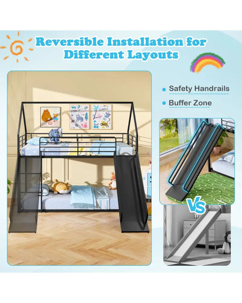 House-shaped Metal Twin Over Twin Low Bunk Bed-Black - Black - Bunk Bed Frame