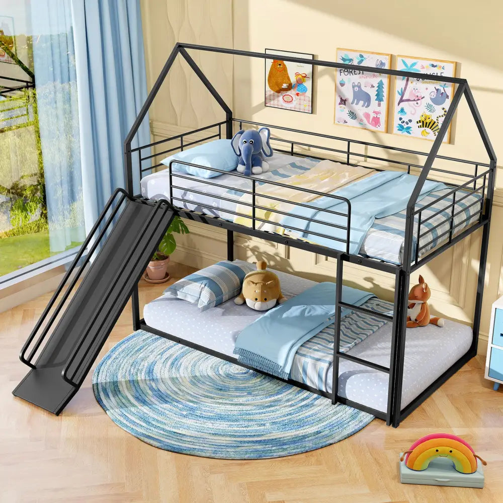 House-shaped Metal Twin Over Twin Low Bunk Bed-Black - Black - Bunk Bed Frame