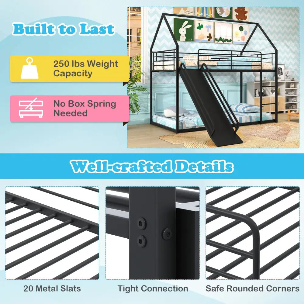 House-shaped Metal Twin Over Twin Low Bunk Bed-Black - Black - Bunk Bed Frame