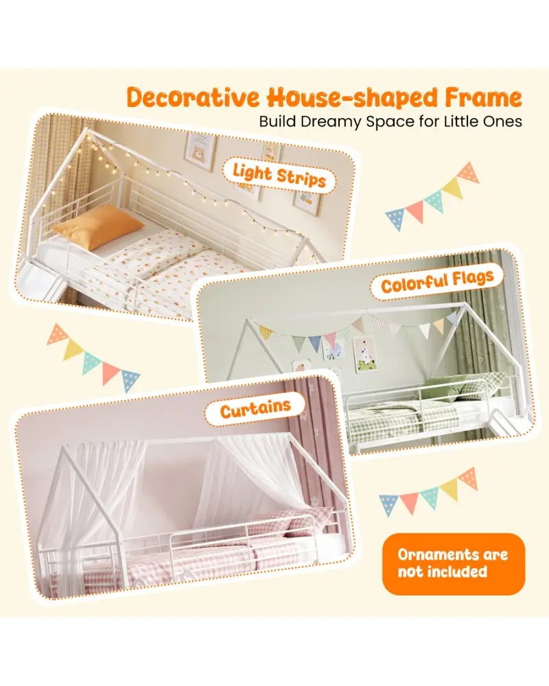 House-shaped Metal Twin Over Twin Low Bunk Bed-White - White - Bunk Bed Frame