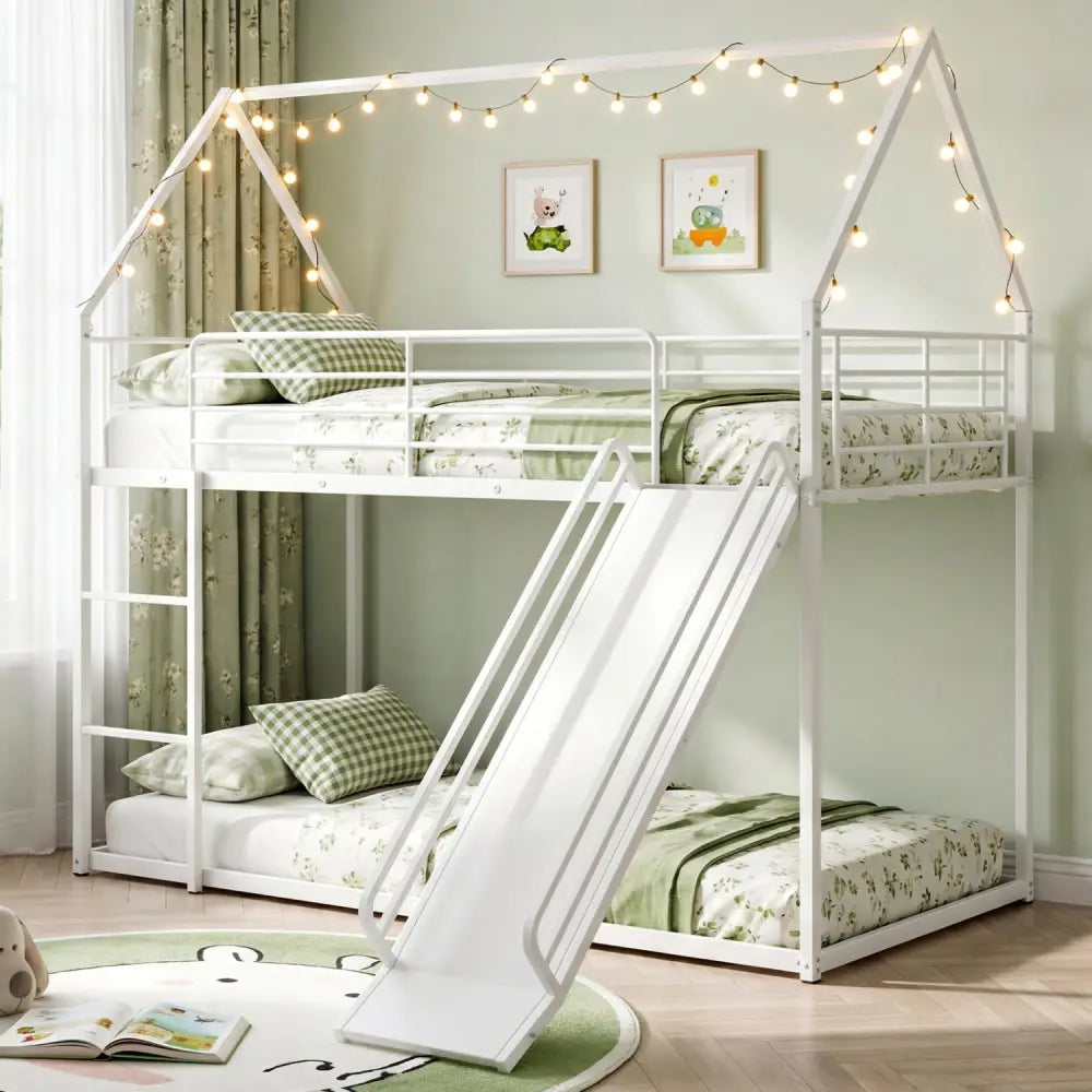 House-shaped Metal Twin Over Twin Low Bunk Bed-White - White - Bunk Bed Frame