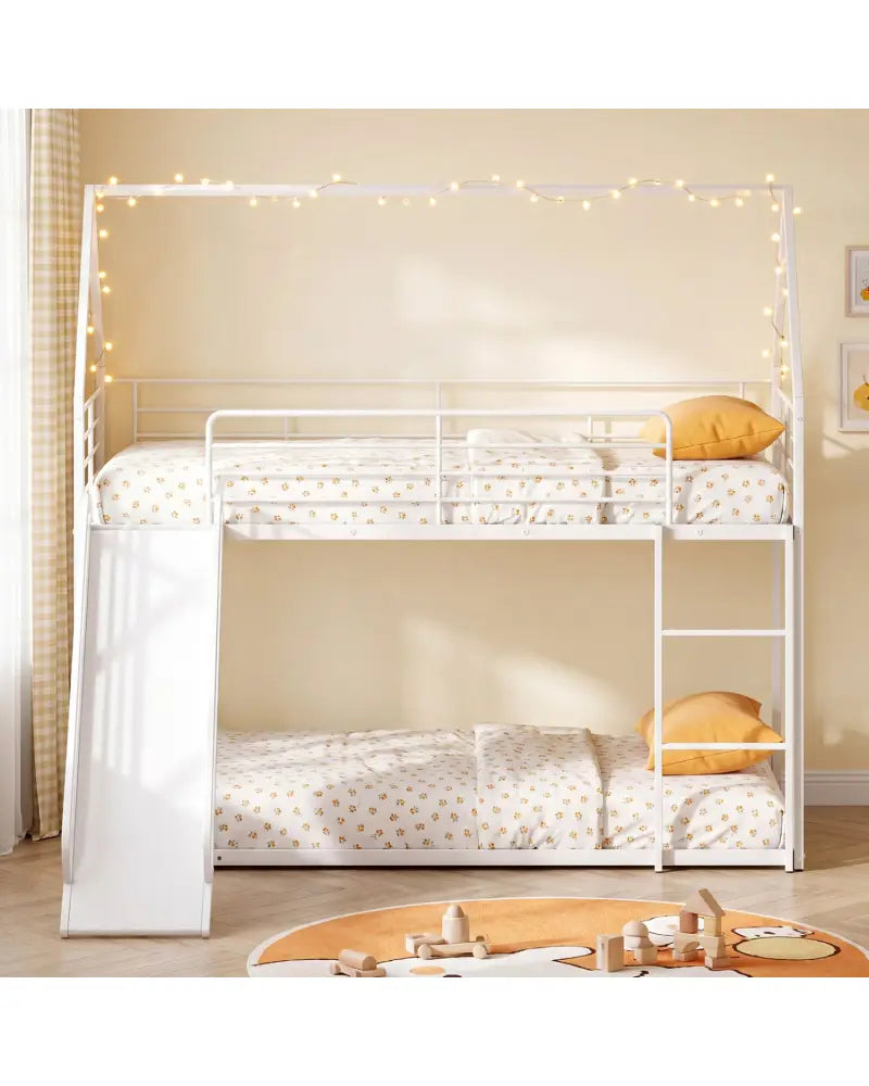 House-shaped Metal Twin Over Twin Low Bunk Bed-White - White - Bunk Bed Frame