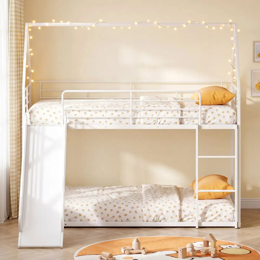 House-shaped Metal Twin Over Twin Low Bunk Bed-White - White - Bunk Bed Frame