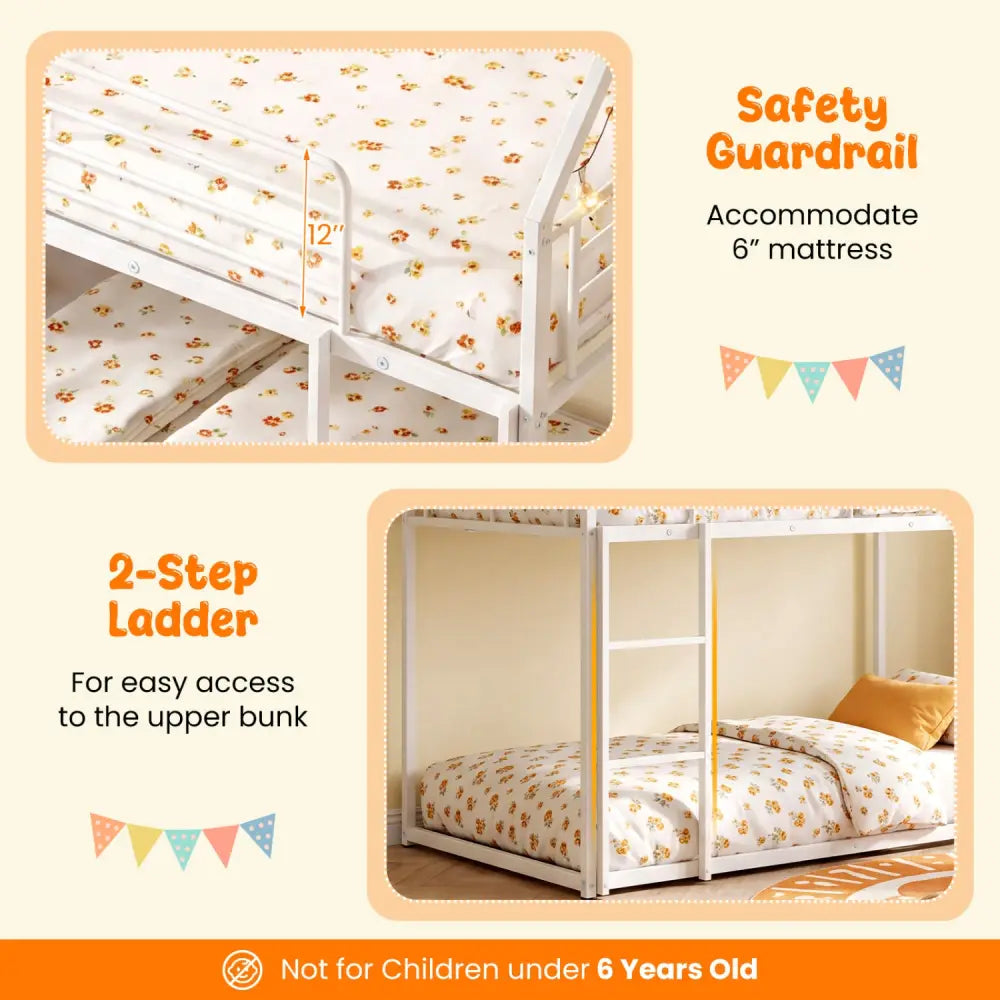House-shaped Metal Twin Over Twin Low Bunk Bed-White - White - Bunk Bed Frame