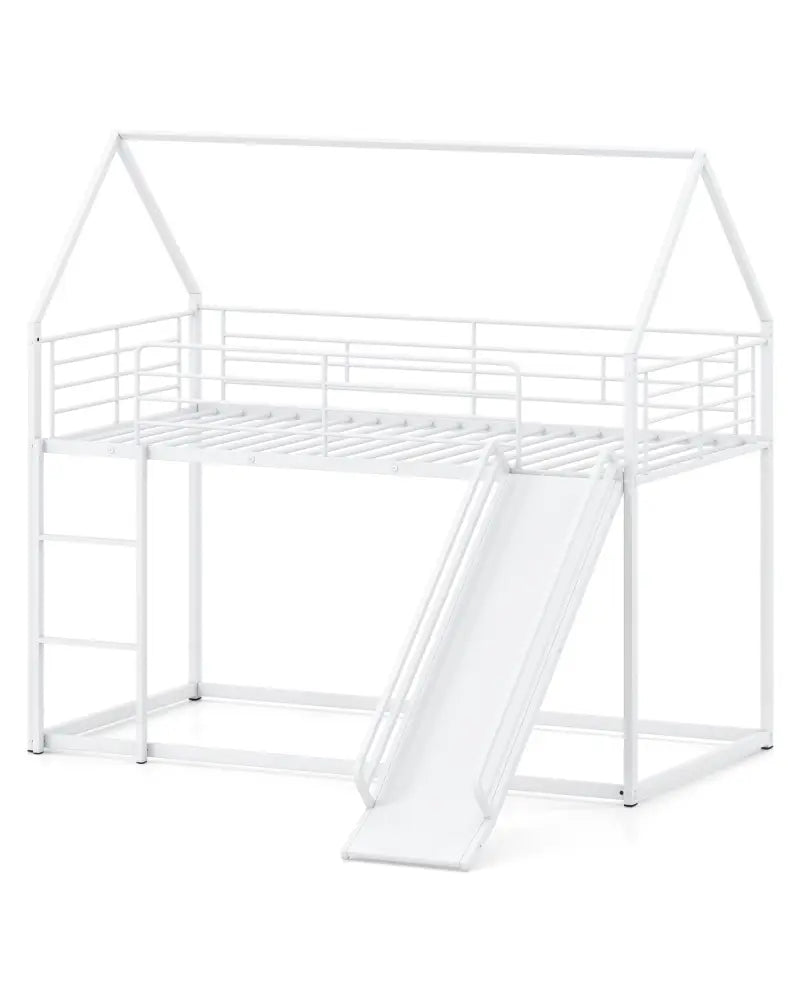 House-shaped Metal Twin Over Twin Low Bunk Bed-White - White - Bunk Bed Frame