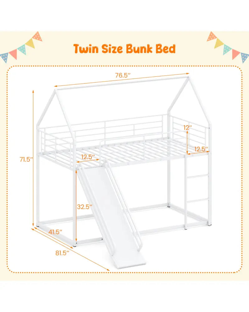 House-shaped Metal Twin Over Twin Low Bunk Bed-White - White - Bunk Bed Frame