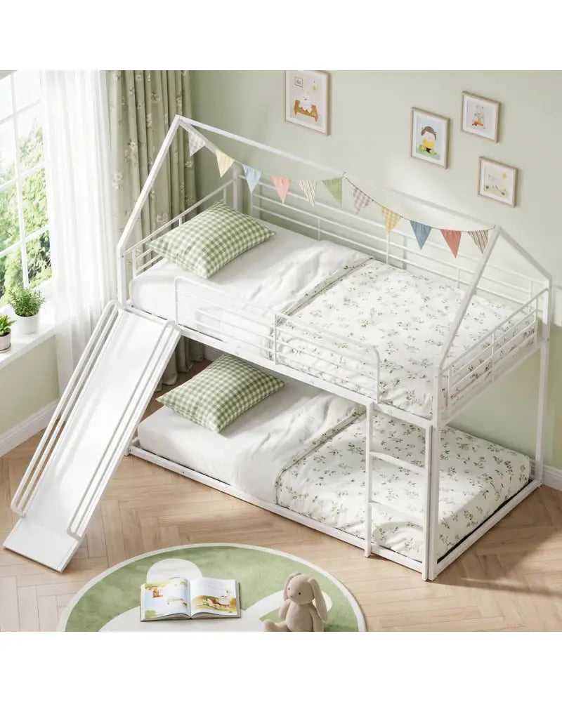 House-shaped Metal Twin Over Twin Low Bunk Bed-White - White - Bunk Bed Frame