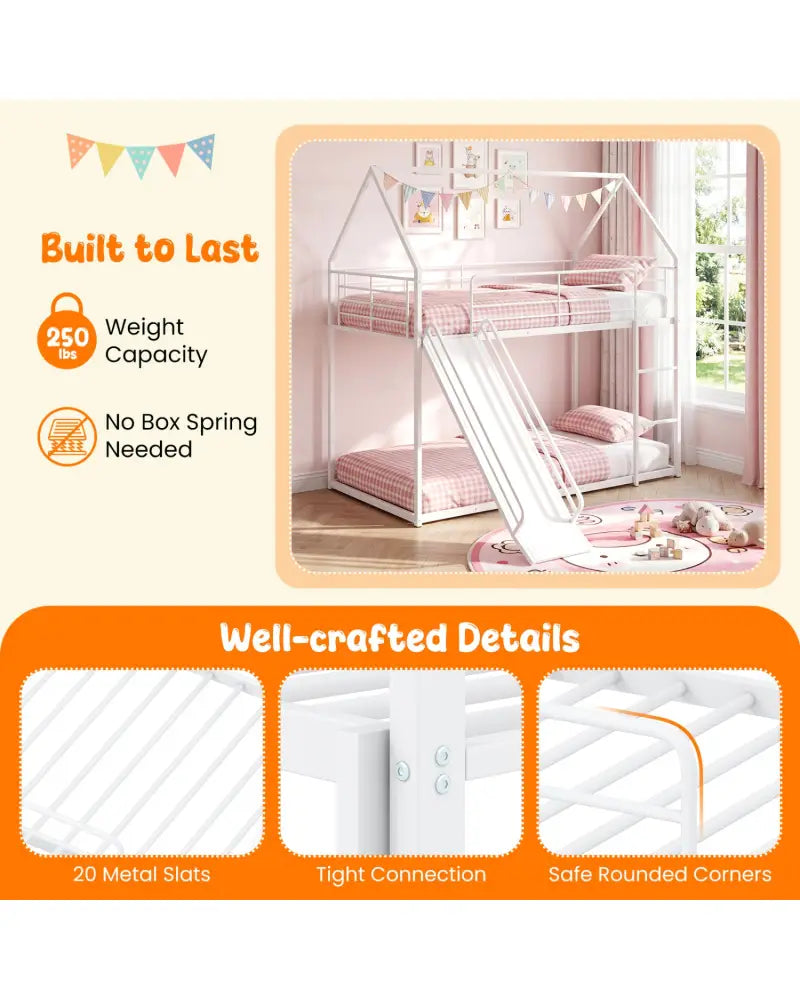 House-shaped Metal Twin Over Twin Low Bunk Bed-White - White - Bunk Bed Frame