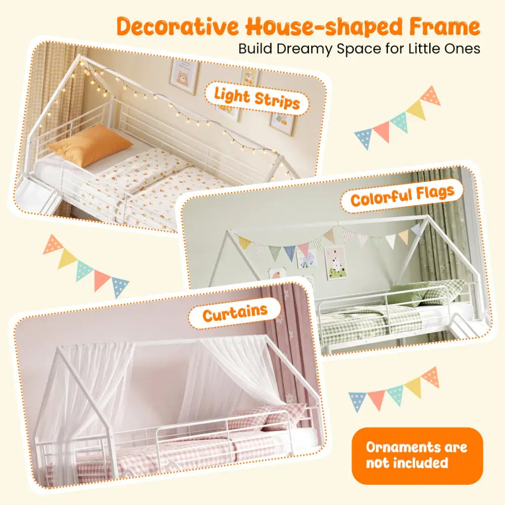 House-shaped Metal Twin Over Twin Low Bunk Bed-White - White - Bunk Bed Frame