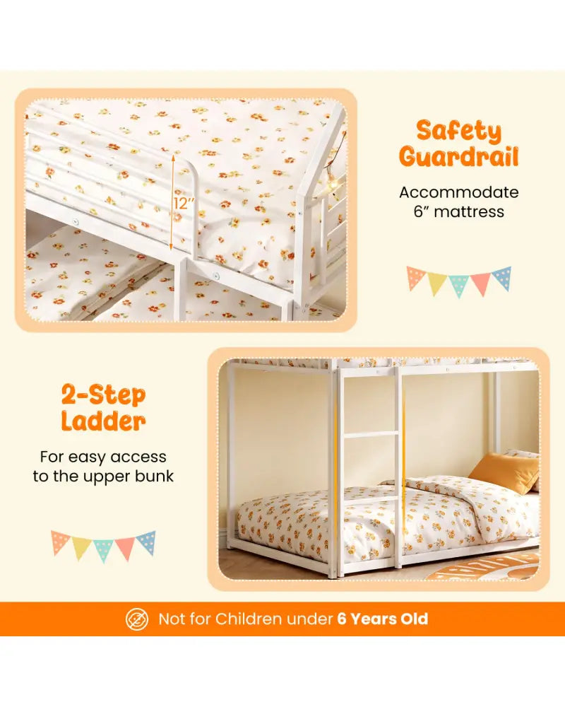 House-shaped Metal Twin Over Twin Low Bunk Bed-White - White - Bunk Bed Frame