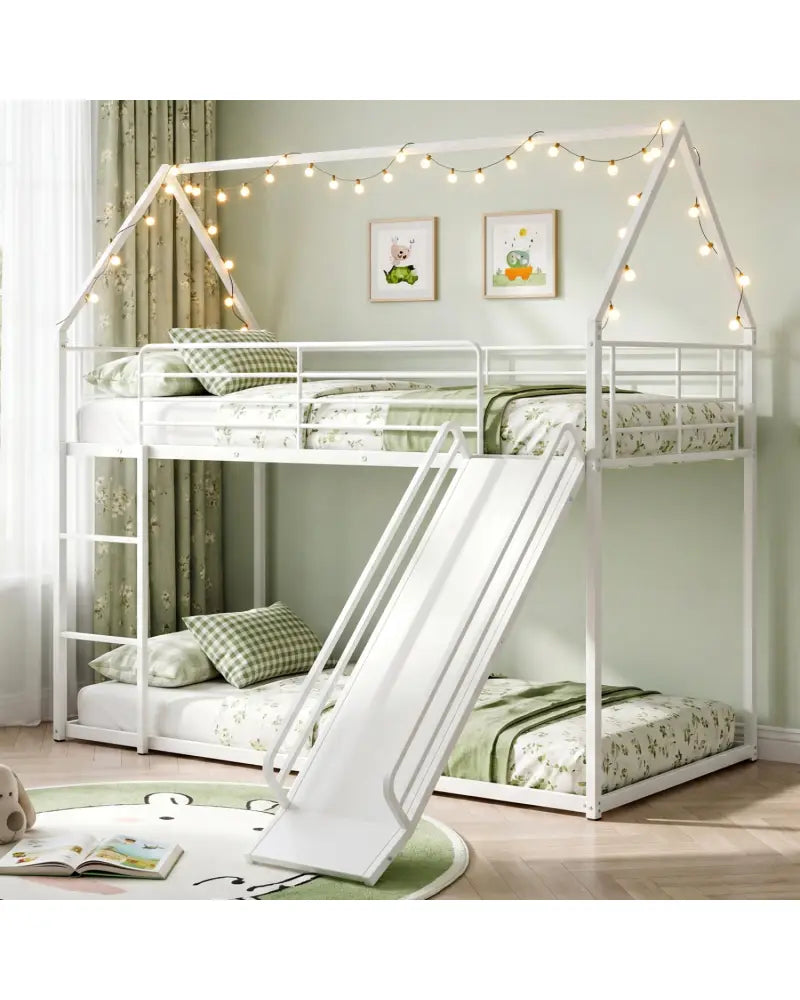 House-shaped Metal Twin Over Twin Low Bunk Bed-White - White - Bunk Bed Frame