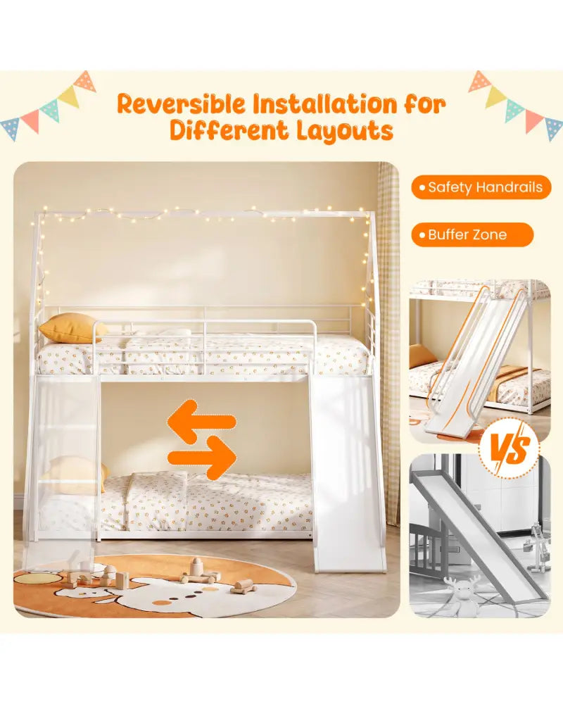 House-shaped Metal Twin Over Twin Low Bunk Bed-White - White - Bunk Bed Frame