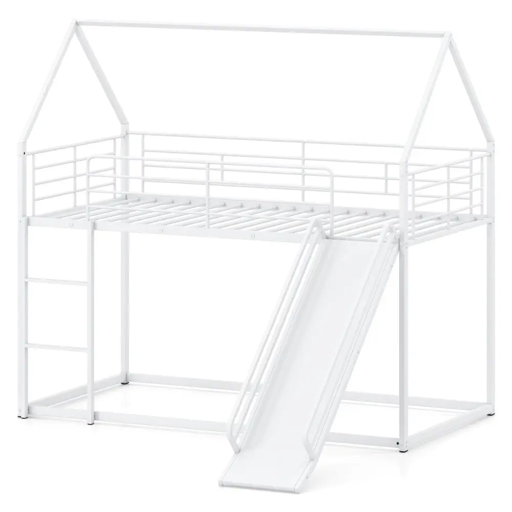 House-shaped Metal Twin Over Twin Low Bunk Bed-White - White - Bunk Bed Frame