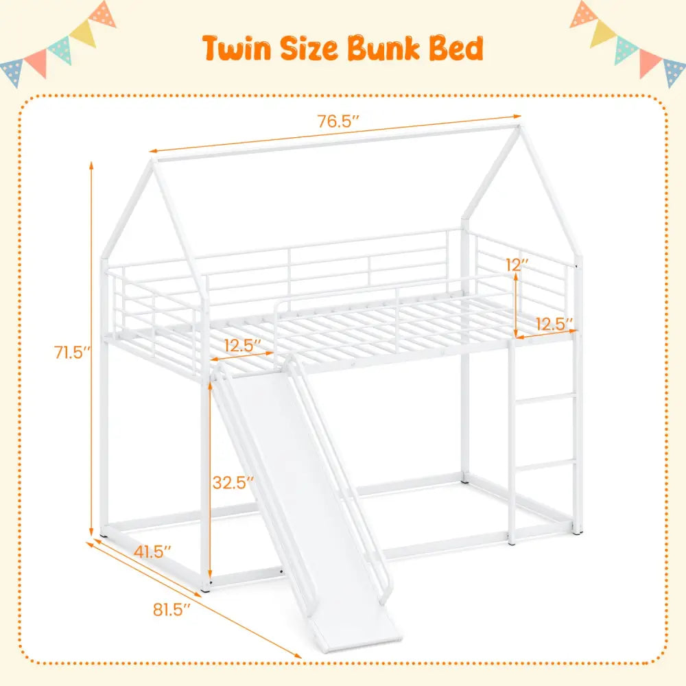 House-shaped Metal Twin Over Twin Low Bunk Bed-White - White - Bunk Bed Frame