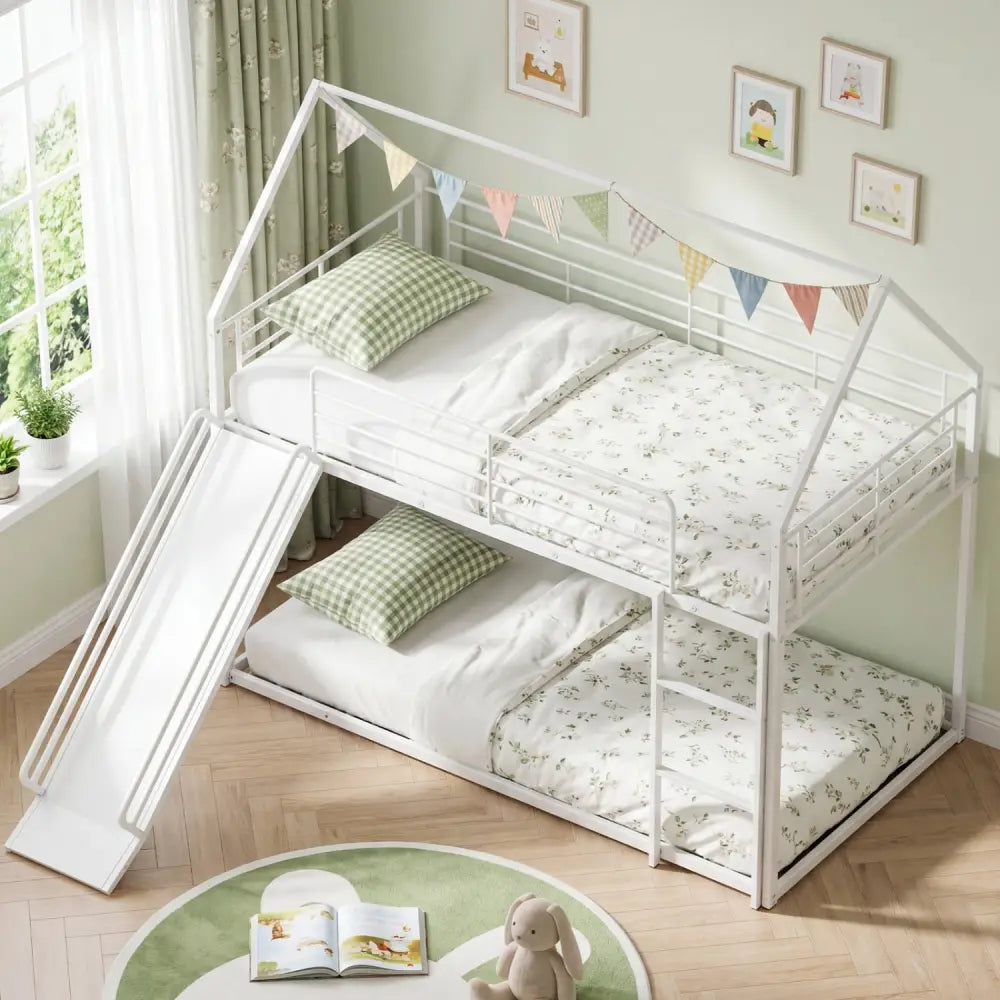 House-shaped Metal Twin Over Twin Low Bunk Bed-White - White - Bunk Bed Frame