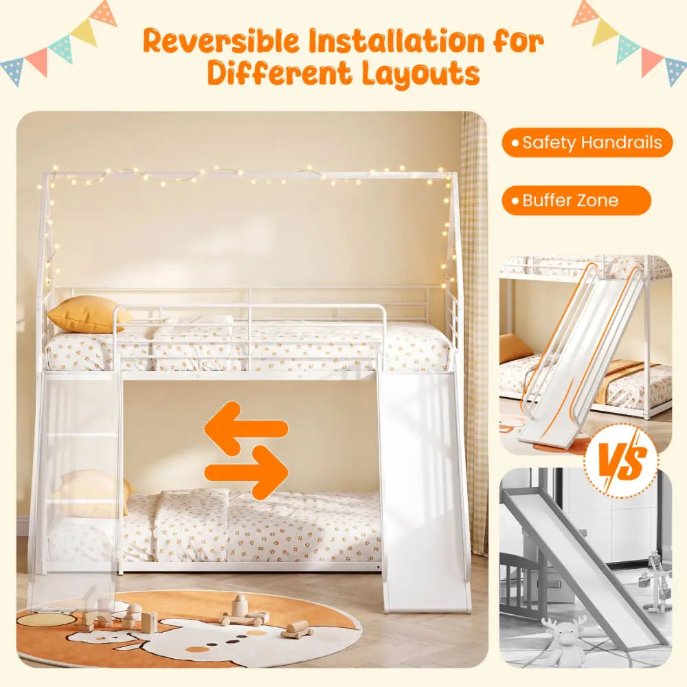 House-shaped Metal Twin Over Twin Low Bunk Bed-White - White - Bunk Bed Frame