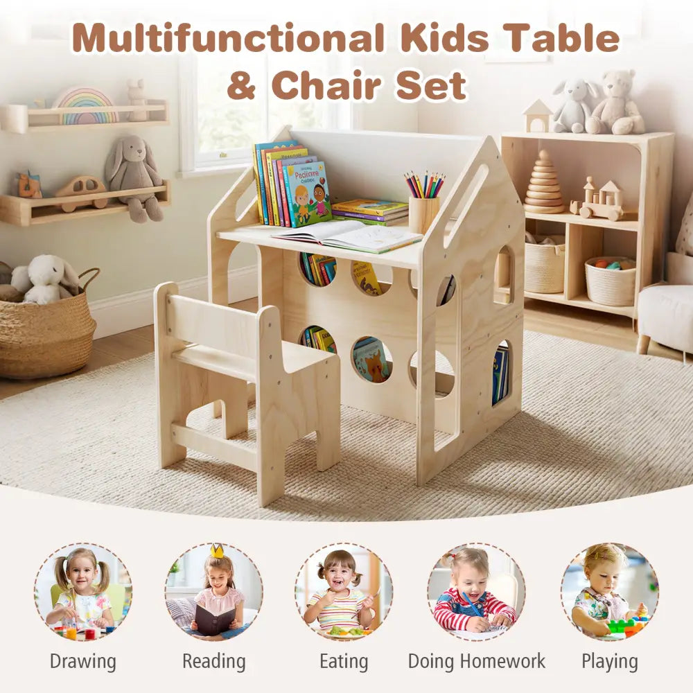 House-shaped Wooden Activity Kids Table Chair Set-Natural - Natural - Kids Table & Chair Sets