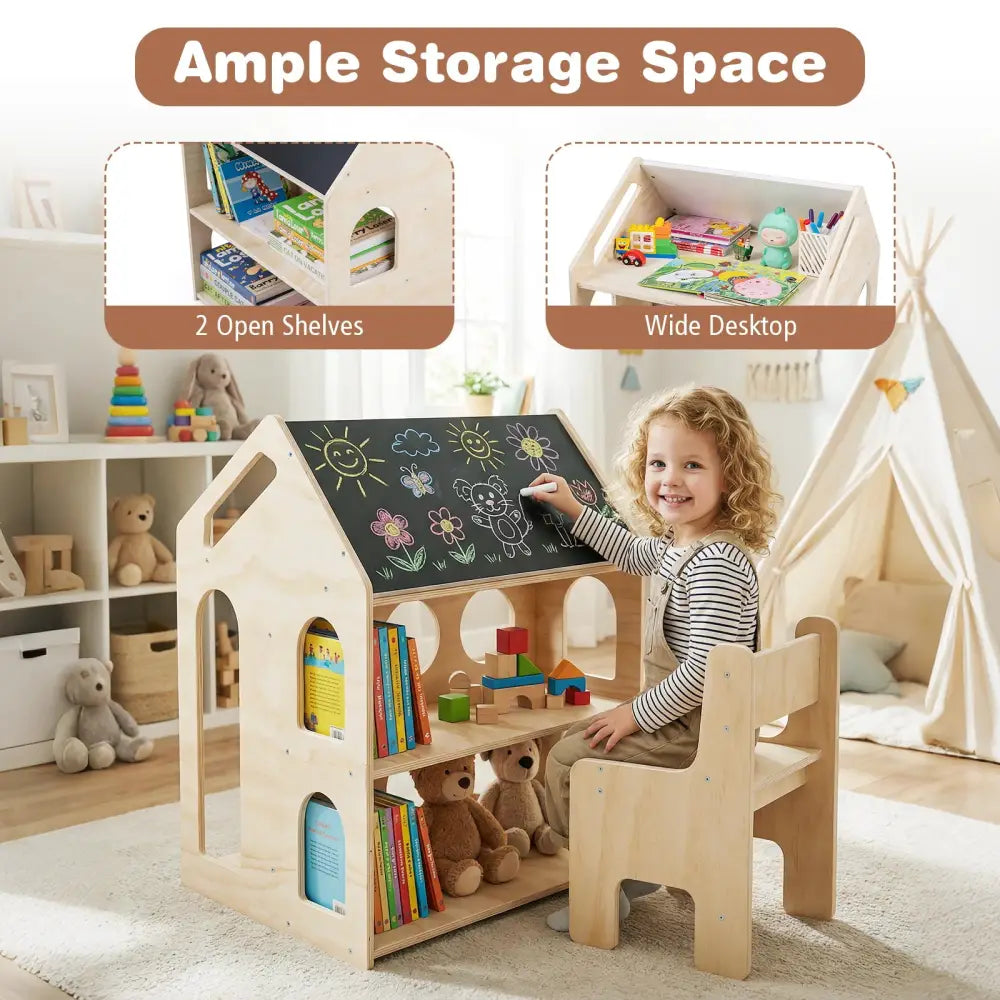 House-shaped Wooden Activity Kids Table Chair Set-Natural - Natural - Kids Table & Chair Sets