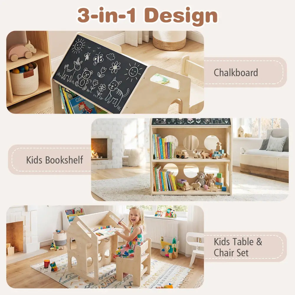 House-shaped Wooden Activity Kids Table Chair Set-Natural - Natural - Kids Table & Chair Sets