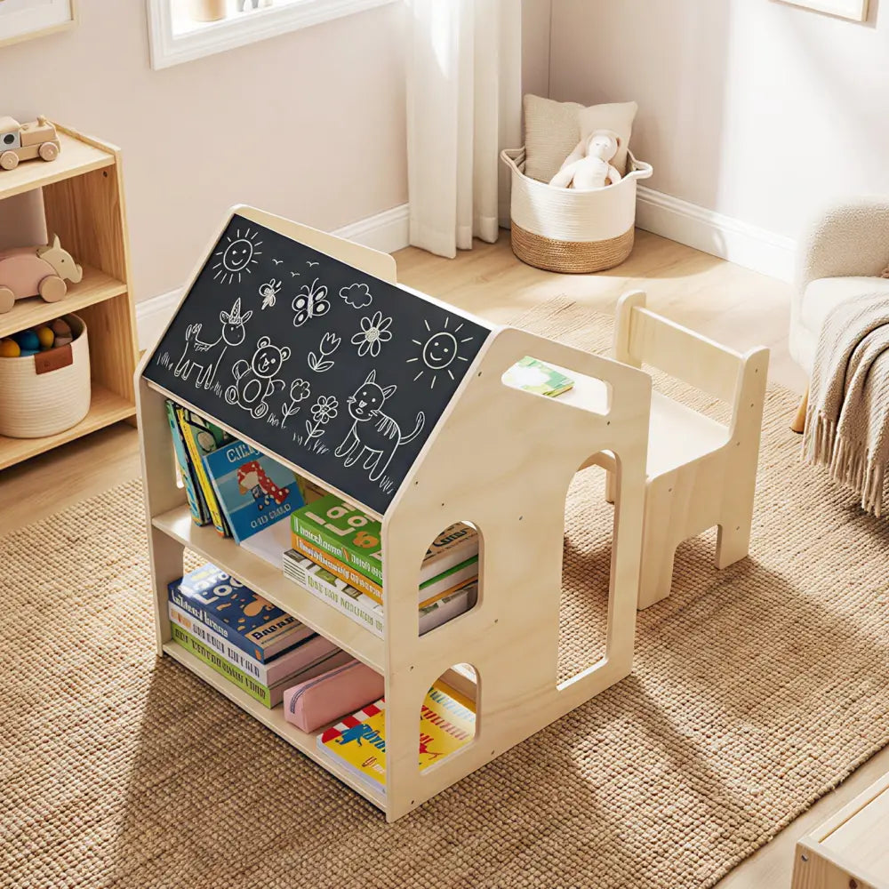 House-shaped Wooden Activity Kids Table Chair Set-Natural - Natural - Kids Table & Chair Sets
