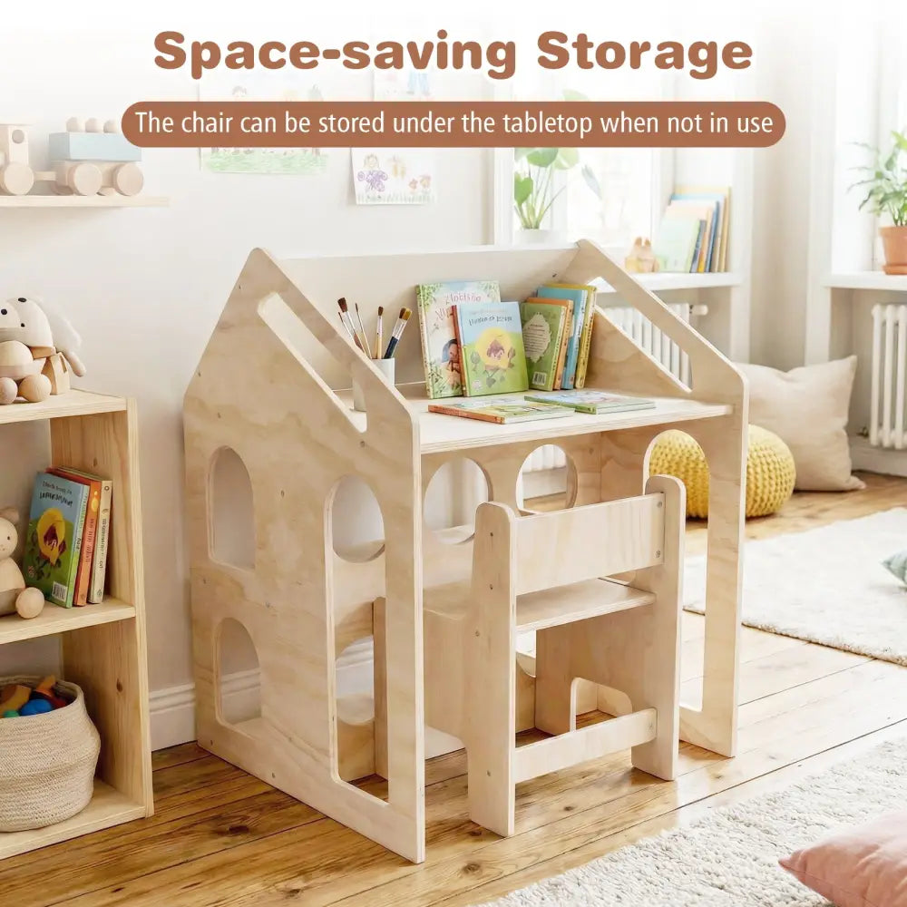 House-shaped Wooden Activity Kids Table Chair Set-Natural - Natural - Kids Table & Chair Sets