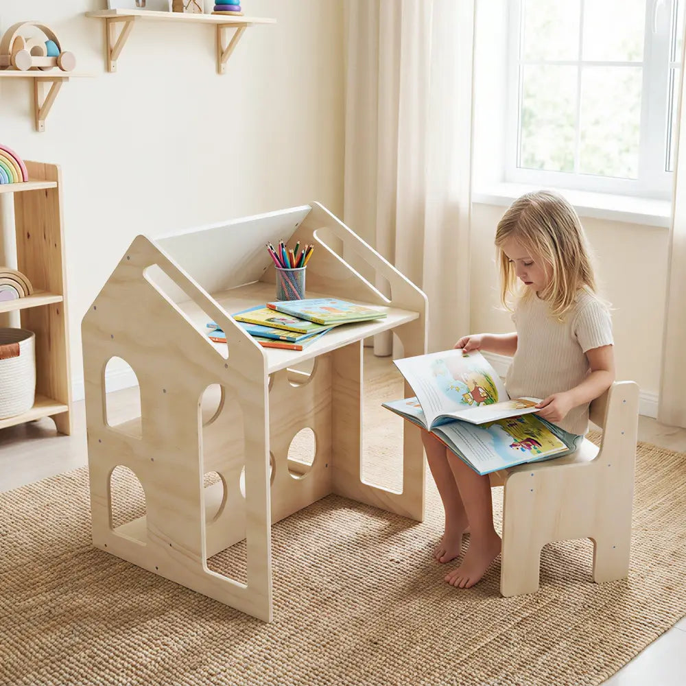 House-shaped Wooden Activity Kids Table Chair Set-Natural - Natural - Kids Table & Chair Sets