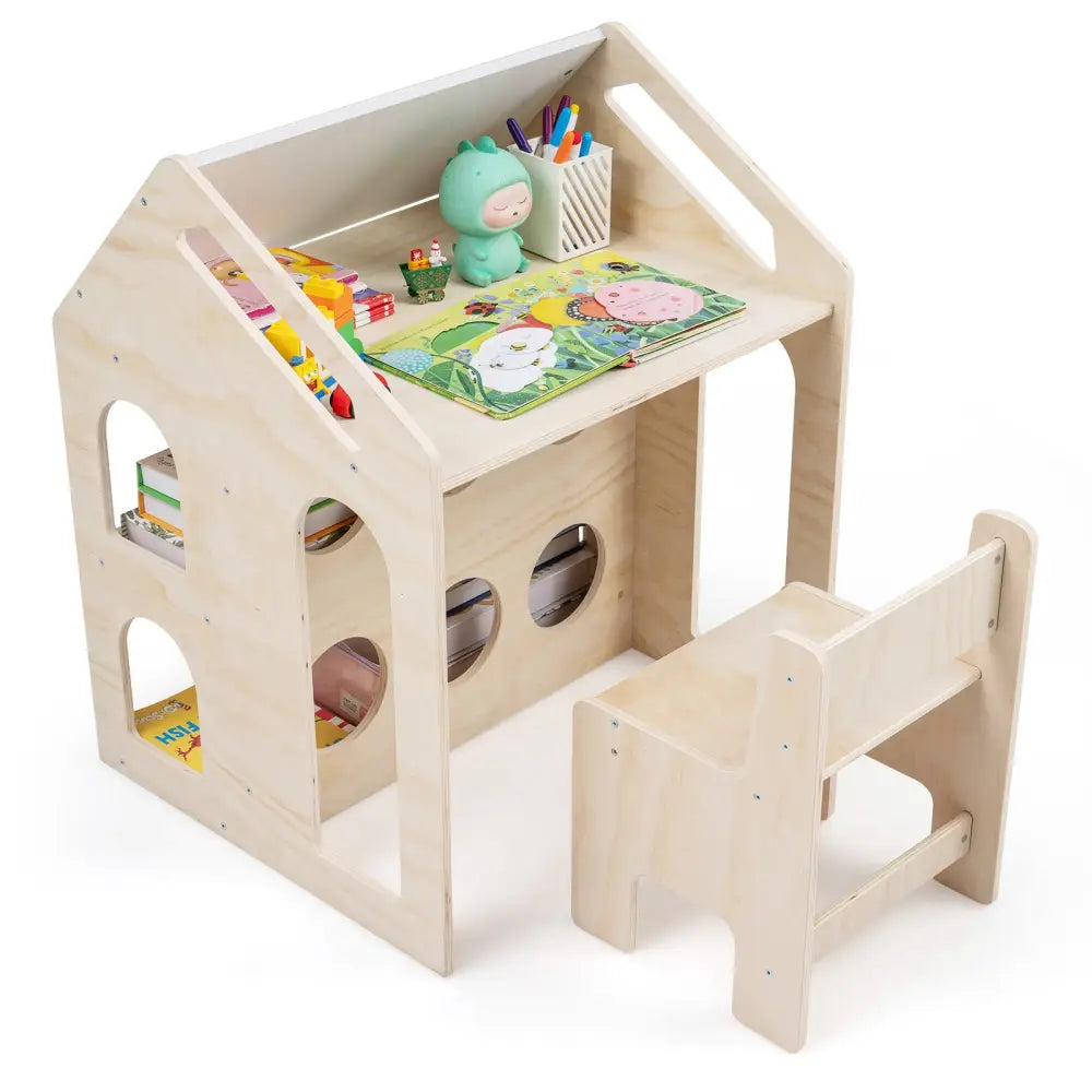 House-shaped Wooden Activity Kids Table Chair Set-Natural - Natural - Kids Table & Chair Sets