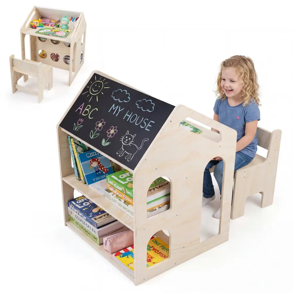 House-shaped Wooden Activity Kids Table Chair Set-Natural - Natural - Kids Table & Chair Sets