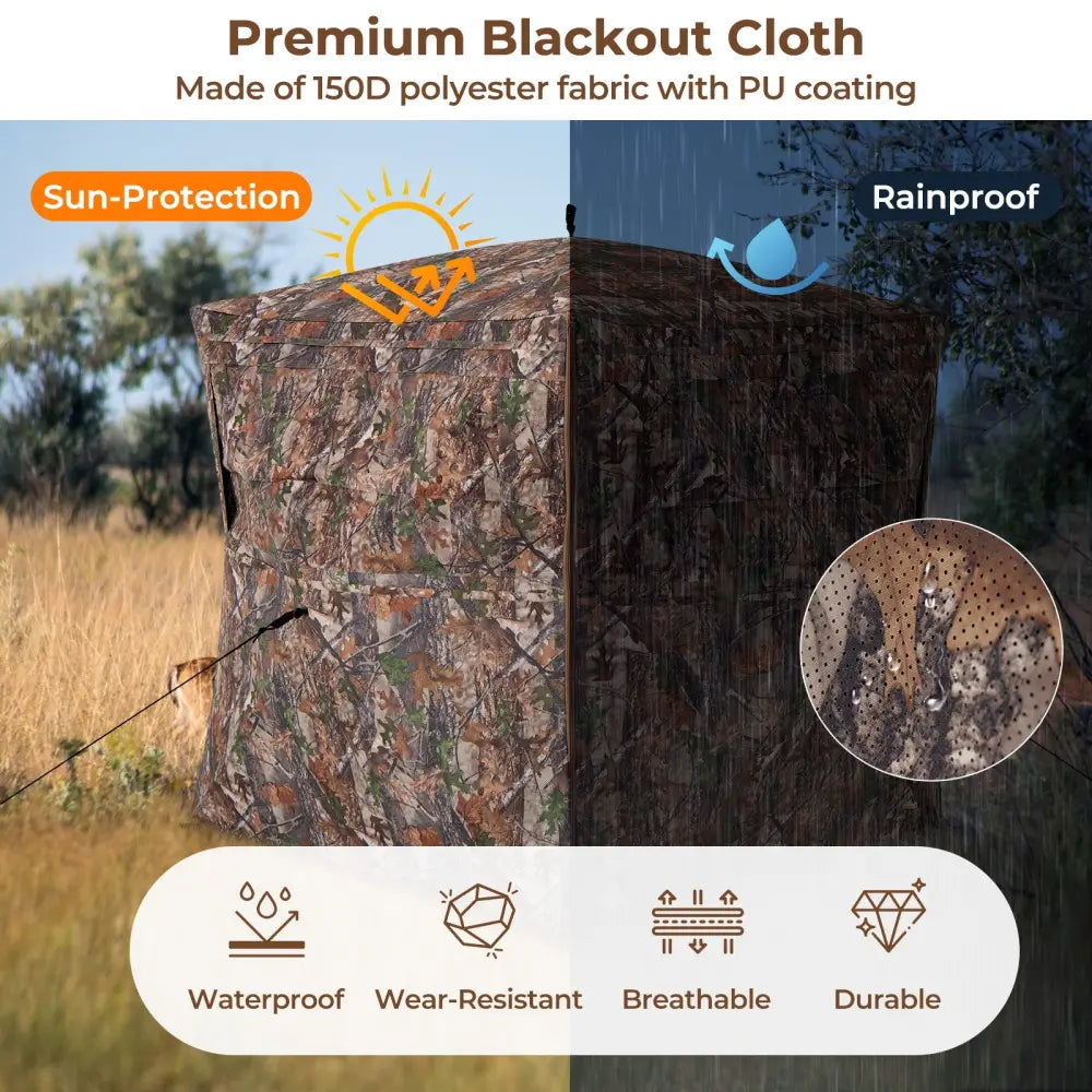 Hunting Blind 360 Degree One-Way See-Through Ground Blind for 2-3 Person - Camouflage - Tents
