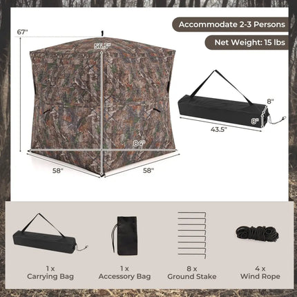 Hunting Blind 360 Degree One-Way See-Through Ground Blind for 2-3 Person - Camouflage - Tents