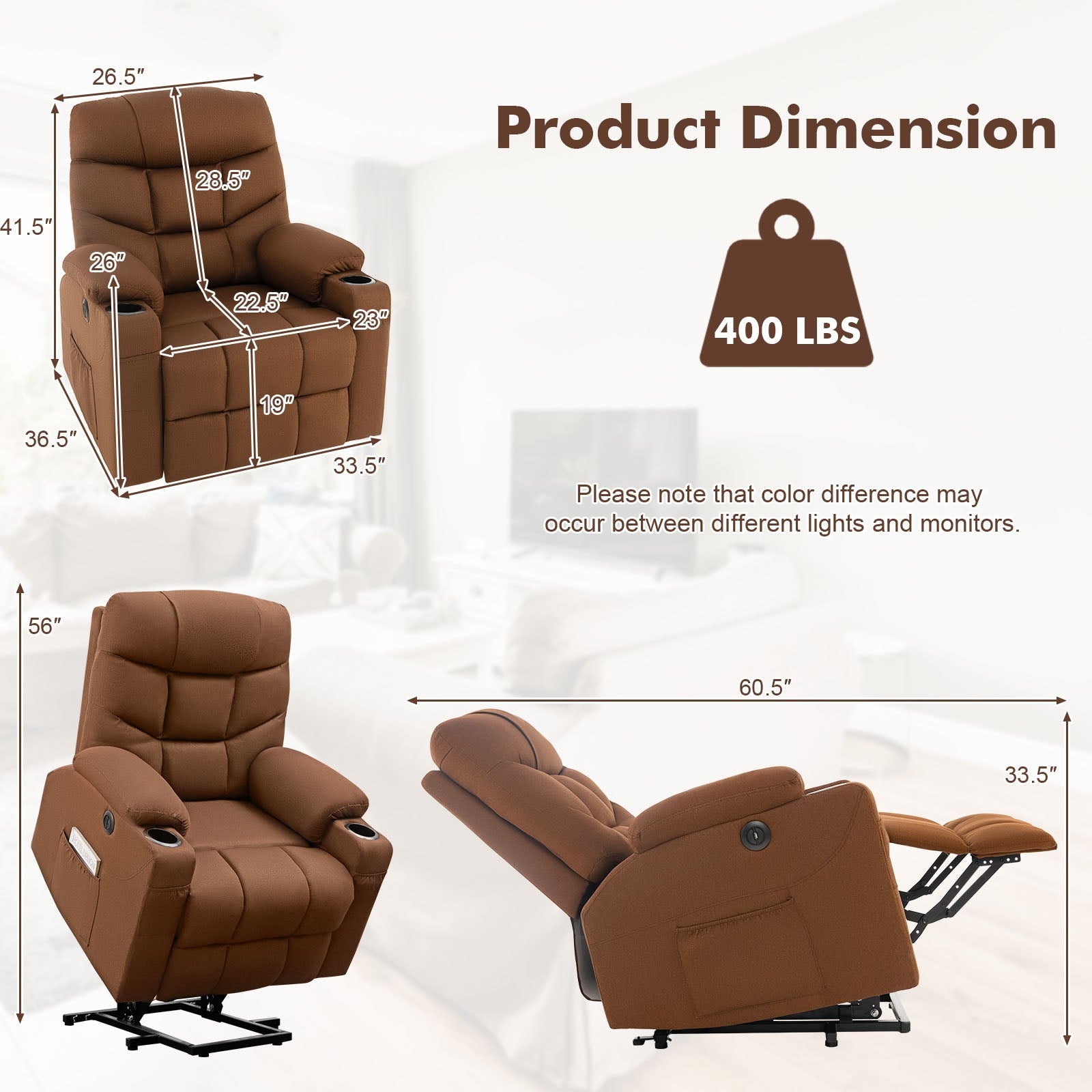 Electric Power Lift Recliner Chair with Vibration Massage and Lumbar Heat-Brown
