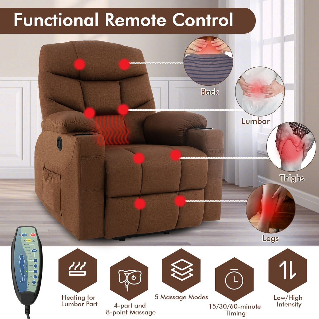 Electric Power Lift Recliner Chair with Vibration Massage and Lumbar Heat-Brown