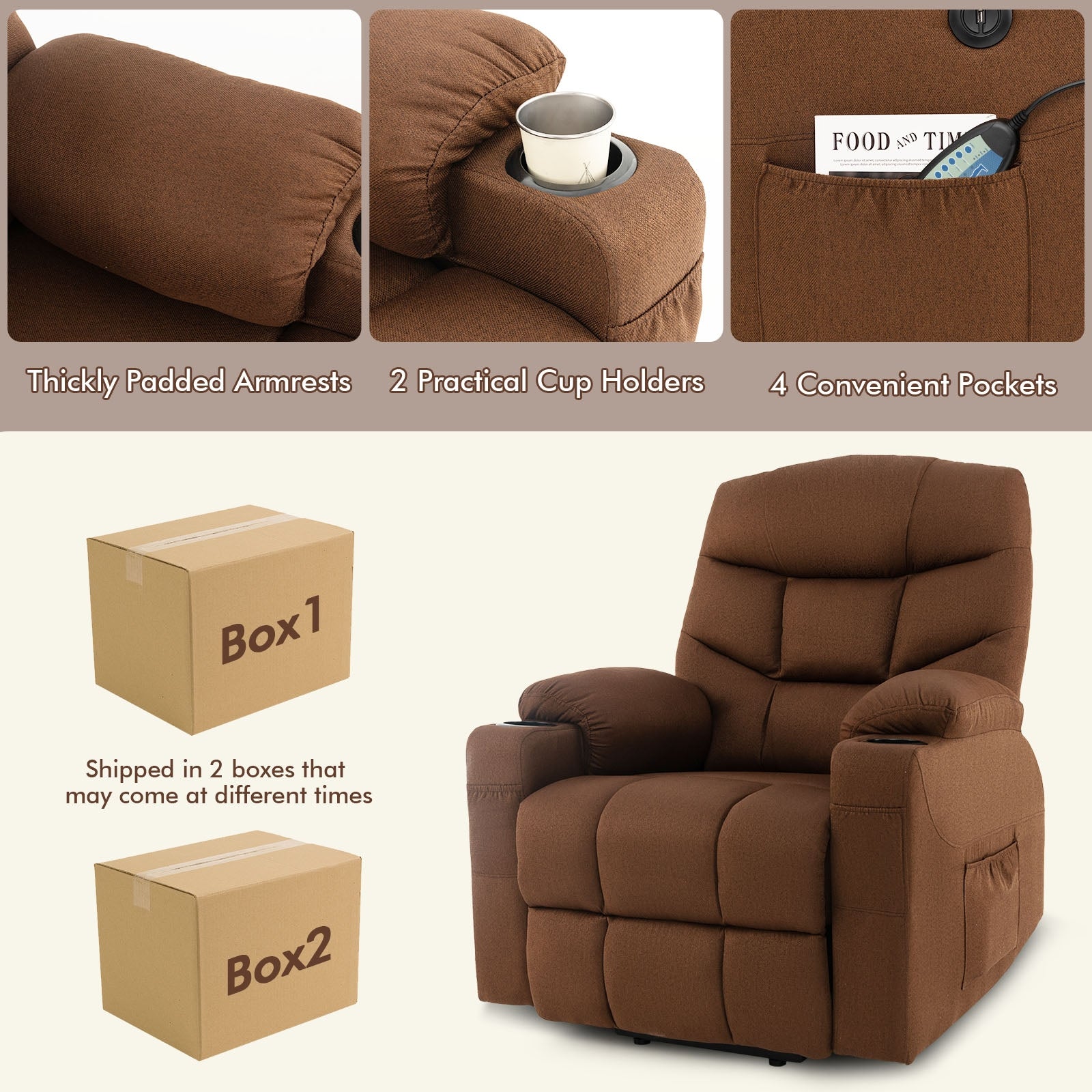 Electric Power Lift Recliner Chair with Vibration Massage and Lumbar Heat-Brown