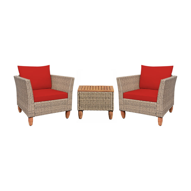 3 Pieces Patio Rattan Furniture Set with Washable Cushion for Yard Porch-Red