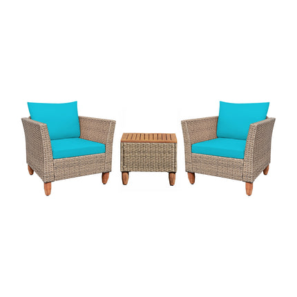 3 Pieces Patio Rattan Furniture Set with Washable Cushion for Yard Porch-Turquoise