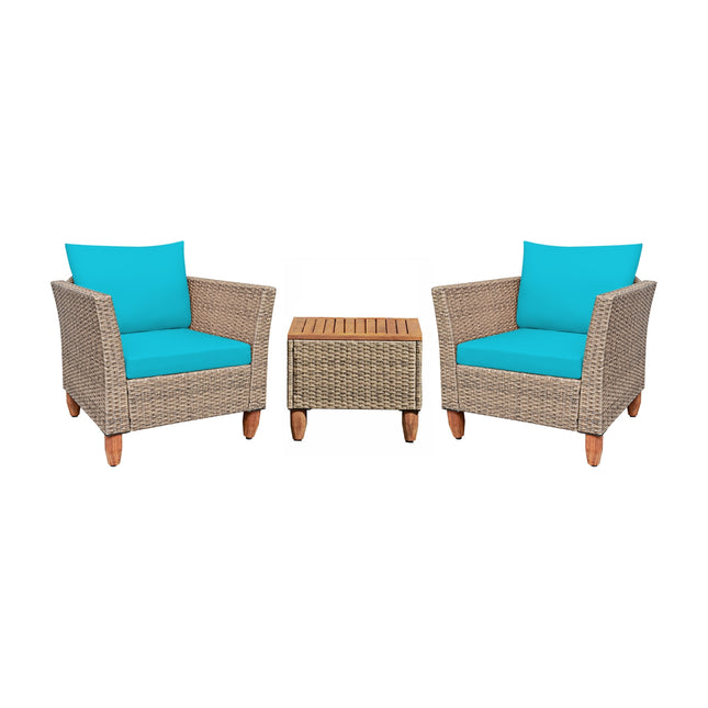 3 Pieces Patio Rattan Furniture Set with Washable Cushion for Yard Porch-Turquoise